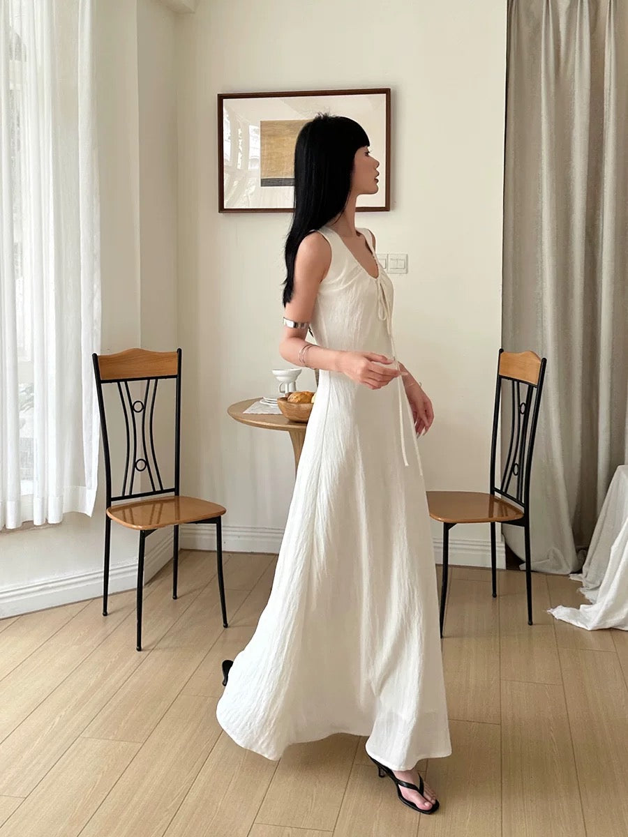 VENUIE White Tencel U-neck Dress Women's French Temperament Slim Design Strapless Sleeveless Vest Long Dress