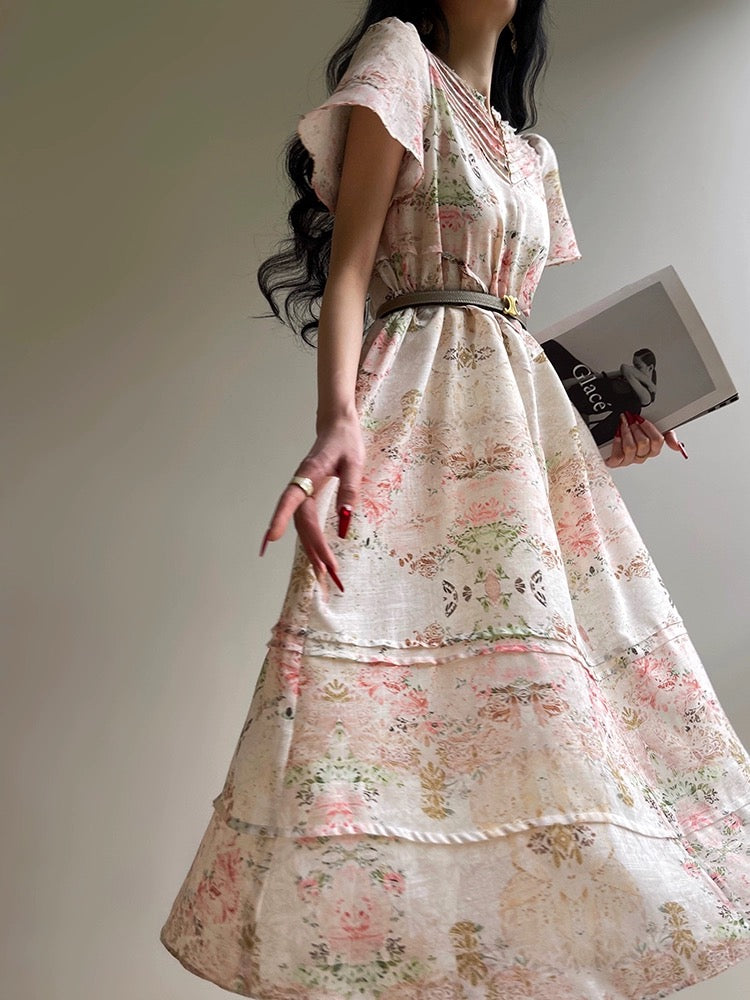 Aconiconi|Flower Sweet Early Summer French Retro Dress Loose Slim Floral Gentle Style Straight Skirt
