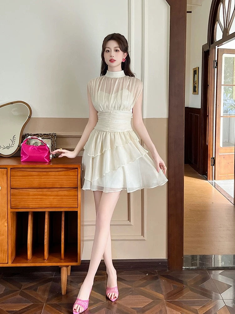 French chiffon dress women summer 2025 new sleeveless white fairy irregular gentle style a-line short skirt
