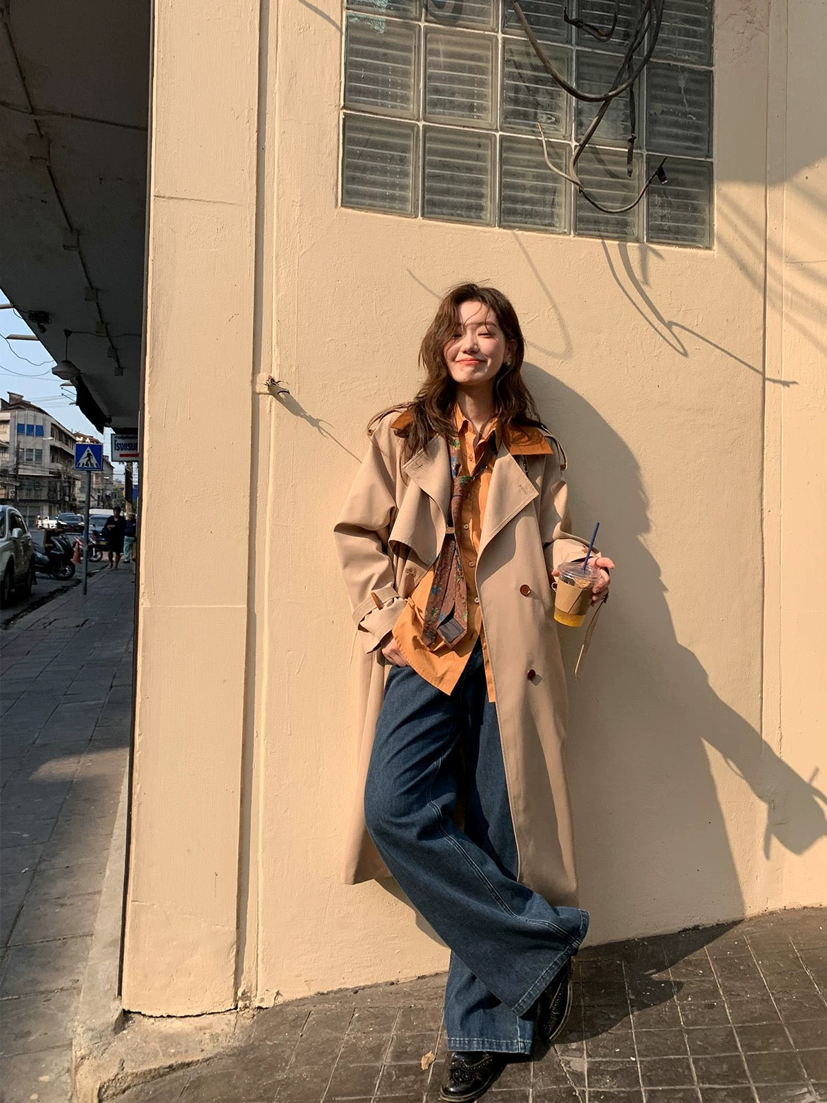Hello Canon Contrast Color Lapel Raglan Sleeve Windbreaker Jacket Women's Spring New Design Loose Long Coat