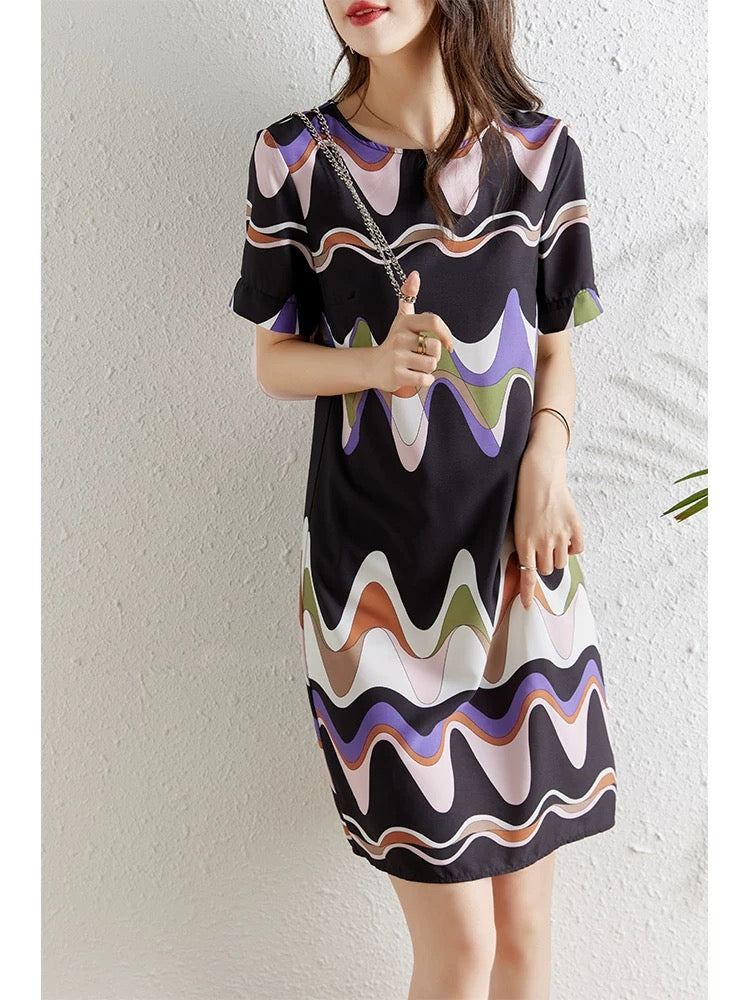 Fashionable age-reducing wavy printed chiffon dress for women in summer, small, loose, belly-covering, slimming, casual straight skirt