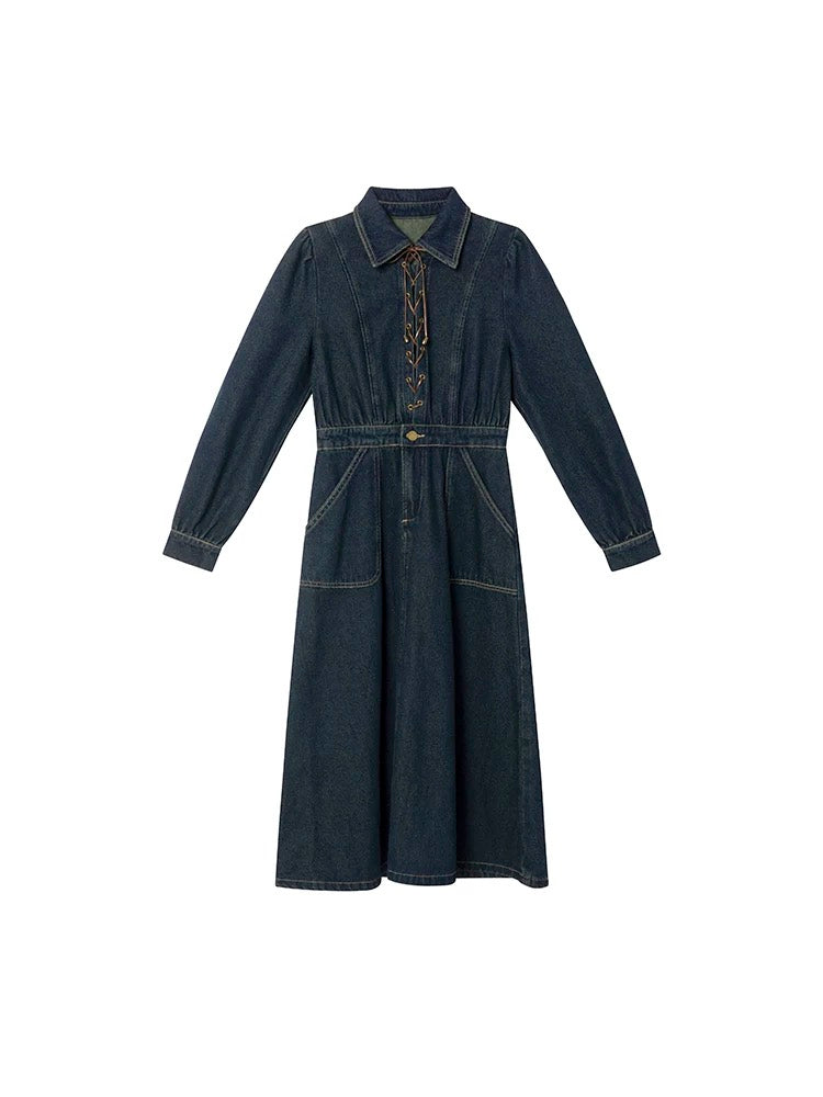 Hello Canon Cross-strap lapel denim dress women's spring 2024 new high-waisted long-sleeved A-line skirt