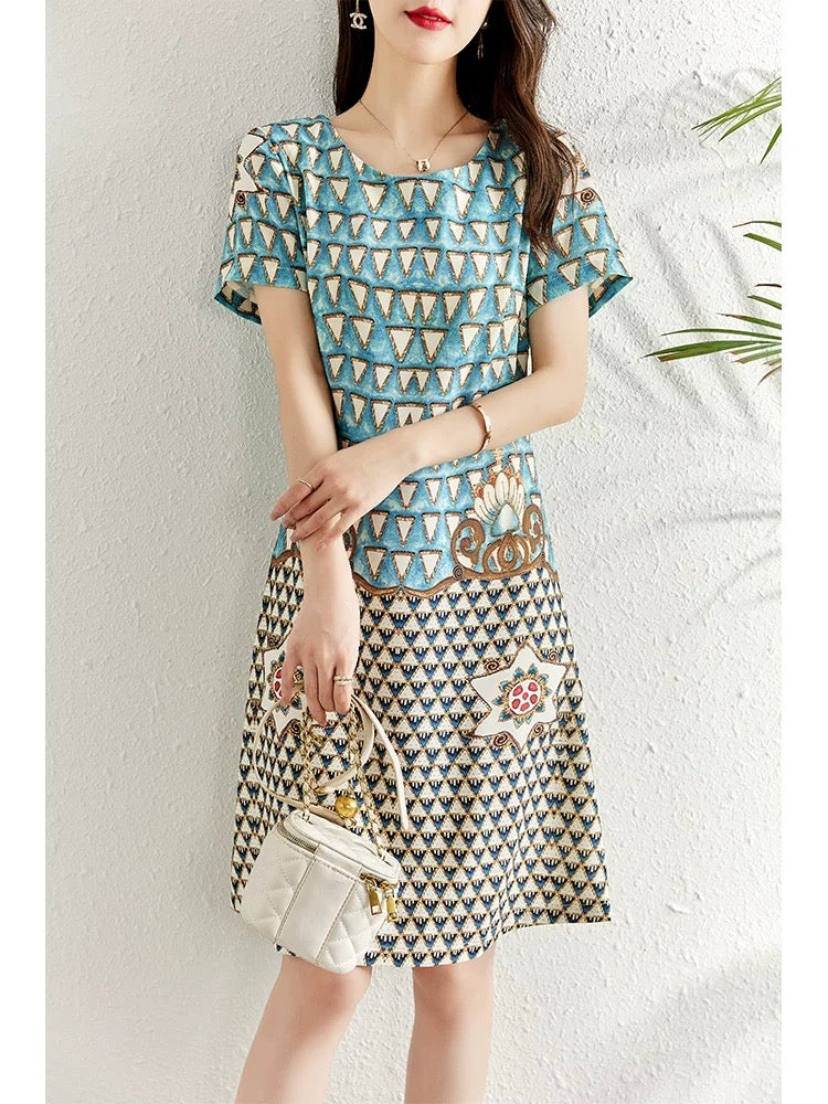 Chic printed dress for women summer 2024 new style fashionable waist slimming a-line mid-length skirt