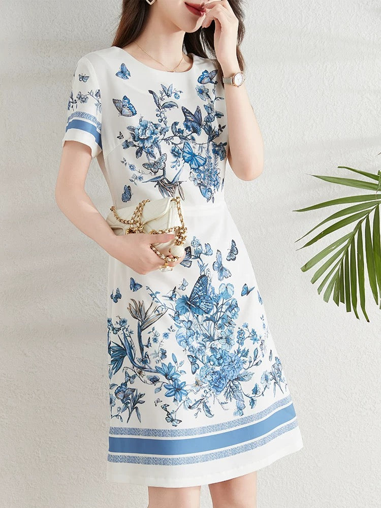 French fashion butterfly print dress for women summer 2024 new style waist slimming elegant a-line skirt