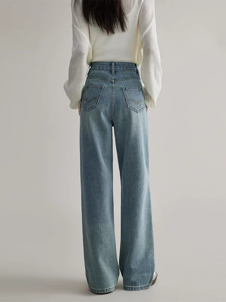 Rising little blue straight-leg jeans for women in spring and autumn narrow wide-legged high-waisted slimming loose floor-length trousers