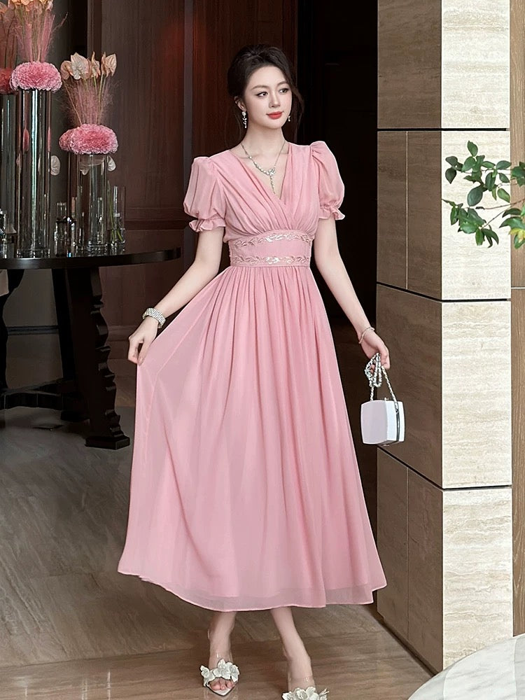 2025 summer new women's pink dress French temperament lady high-end light luxury slim fit long skirt