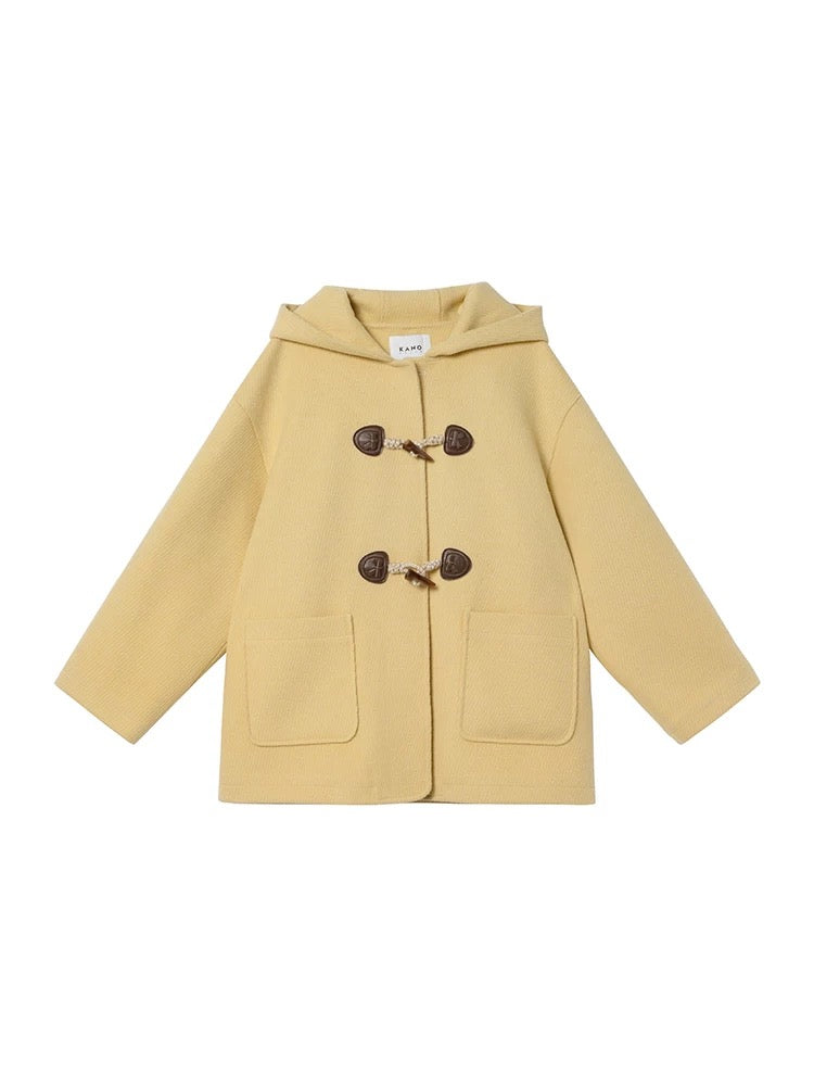 Hello Canon Horn Button Hooded Woolen Jacket Women's Autumn and Winter 2024 New College Style Short Coat Jacket