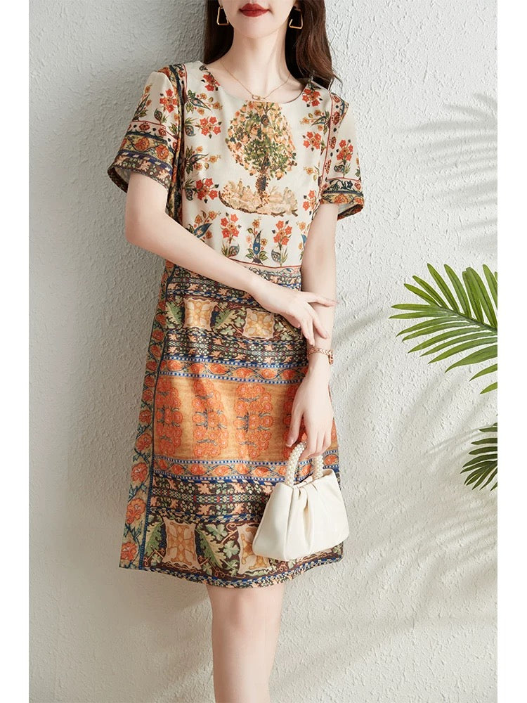 French retro print dress for women summer 2024 new style waist slimming elegant temperament high-end niche a-line skirt