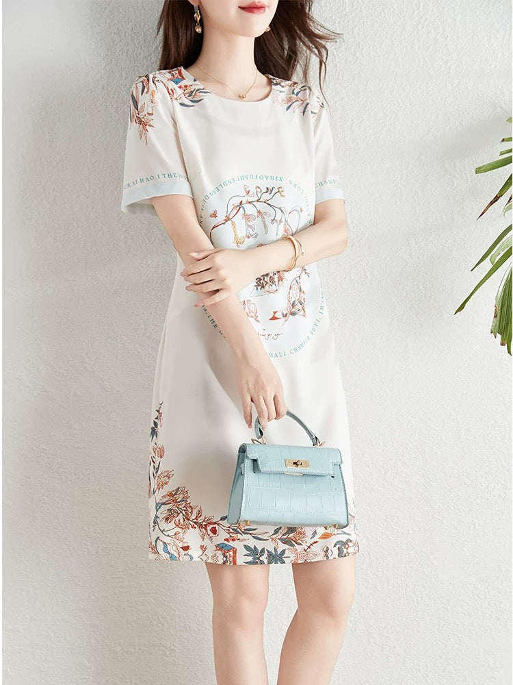 French retro style positioning printed dress for women summer 2024 new style waist slimming elegant a-line skirt