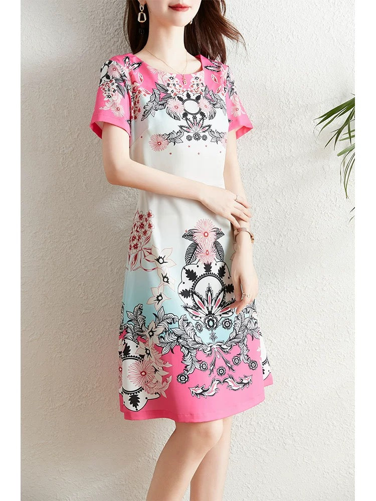 French temperament printed dress for women summer 2024 new style waist slimming elegant elegant celebrity niche a-line skirt