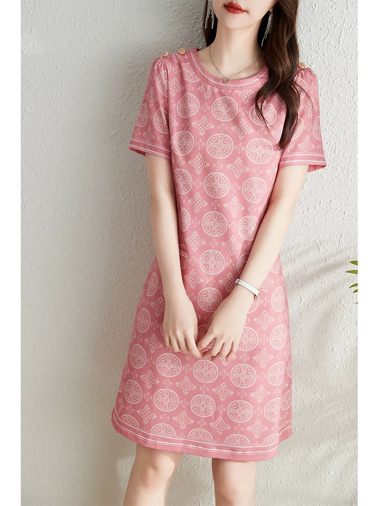 French retro printed short-sleeved dress for women summer 2024 new fashion round neck covering belly, slimming and temperament A-line skirt