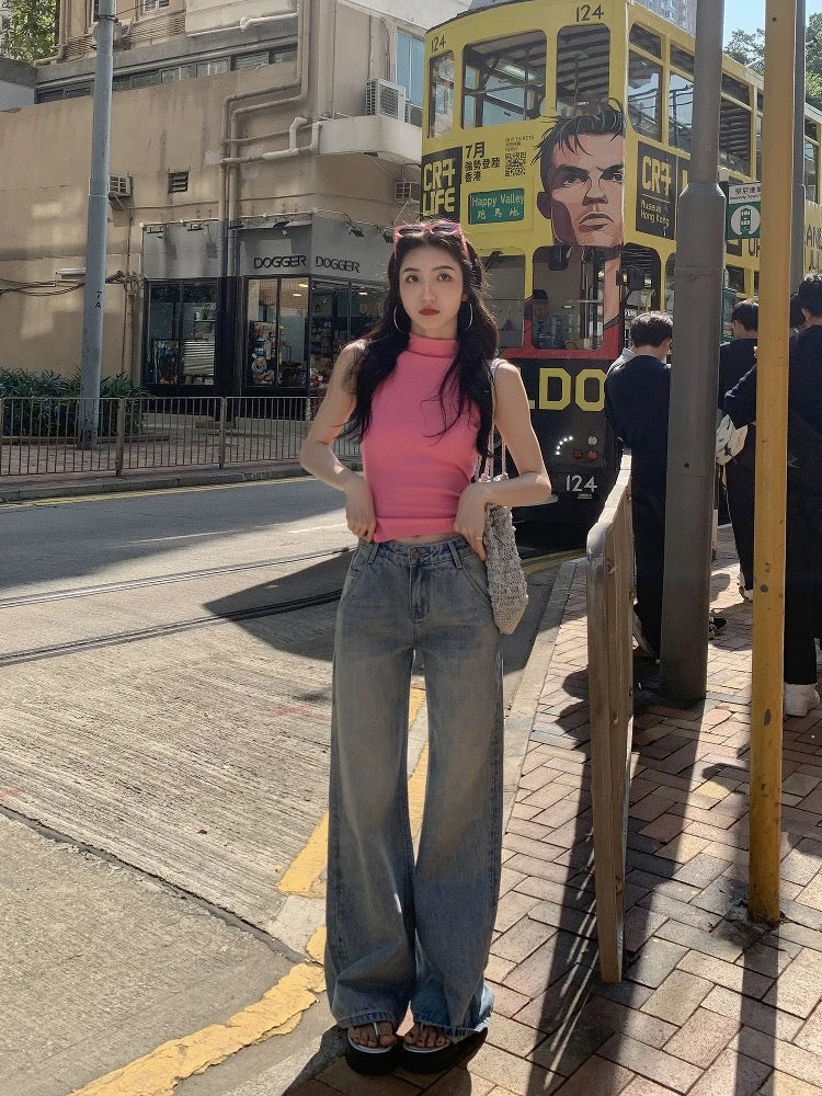 MULVAN Comfortable Summer Straight Jeans Women 2025 Summer Loose Casual Wide Leg Washed Blue Pants