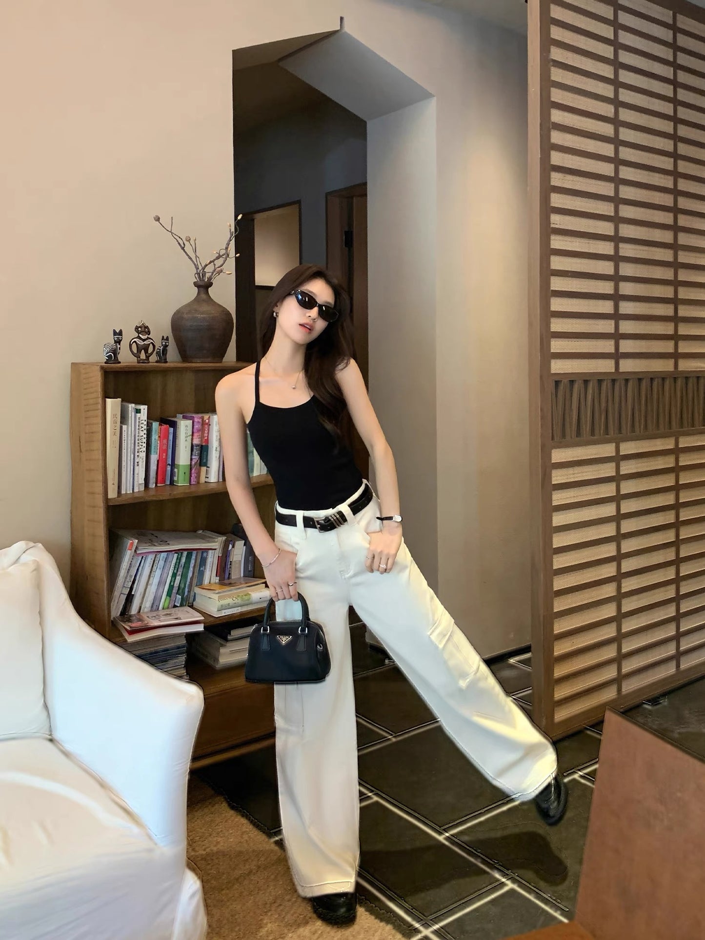 MULVAN multi-pocket white workwear jeans for women summer design straight loose wide-leg casual trousers