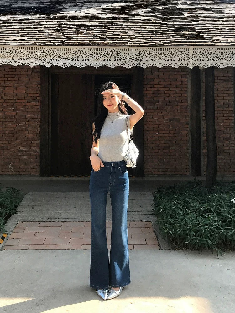 MULVAN Super straight legs ~ blue jeans for women retro Korean elastic slim fit straight pants flared pants