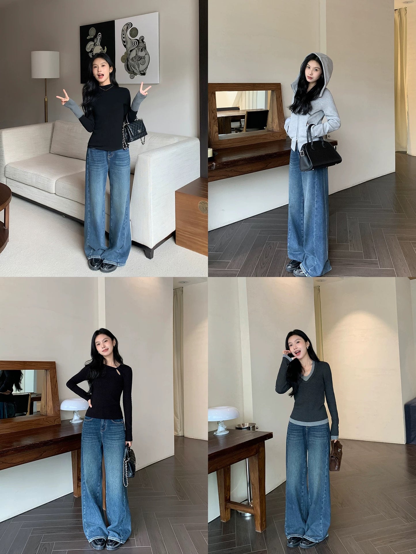 MULVAN dark blue plus velvet wide-leg jeans for women winter loose slim retro casual straight mopping pants