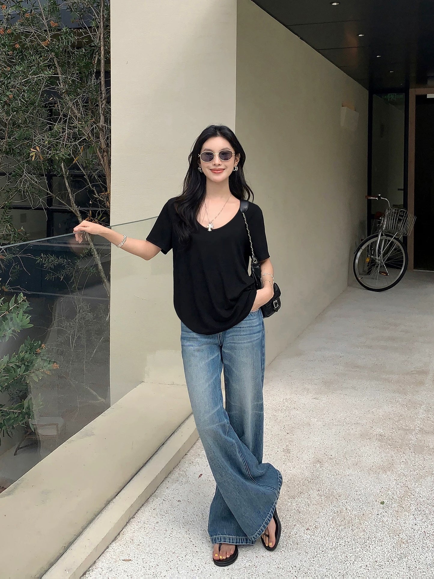 MULVAN oblique stretch low waist flared jeans for women summer blue loose straight slim trousers casual wide leg pants