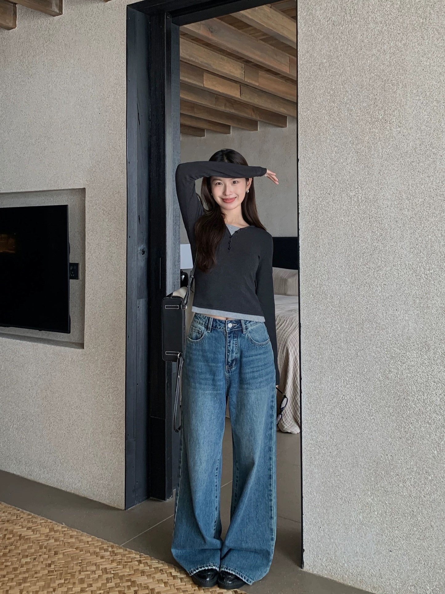 MULVAN retro blue straight jeans women's autumn high waist drape loose slim wide leg pants long pants