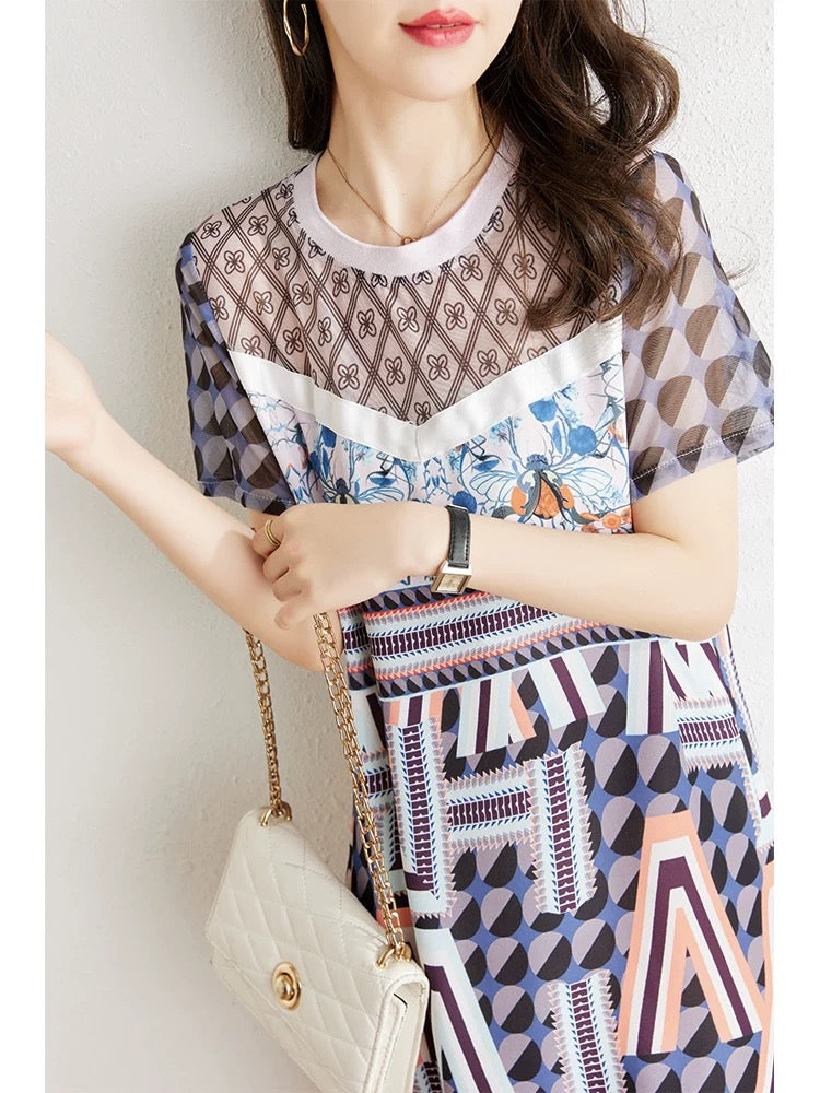 Mesh splicing printed chiffon dress for women summer 2024 new style small body covering the flesh and slimming fashion straight skirt