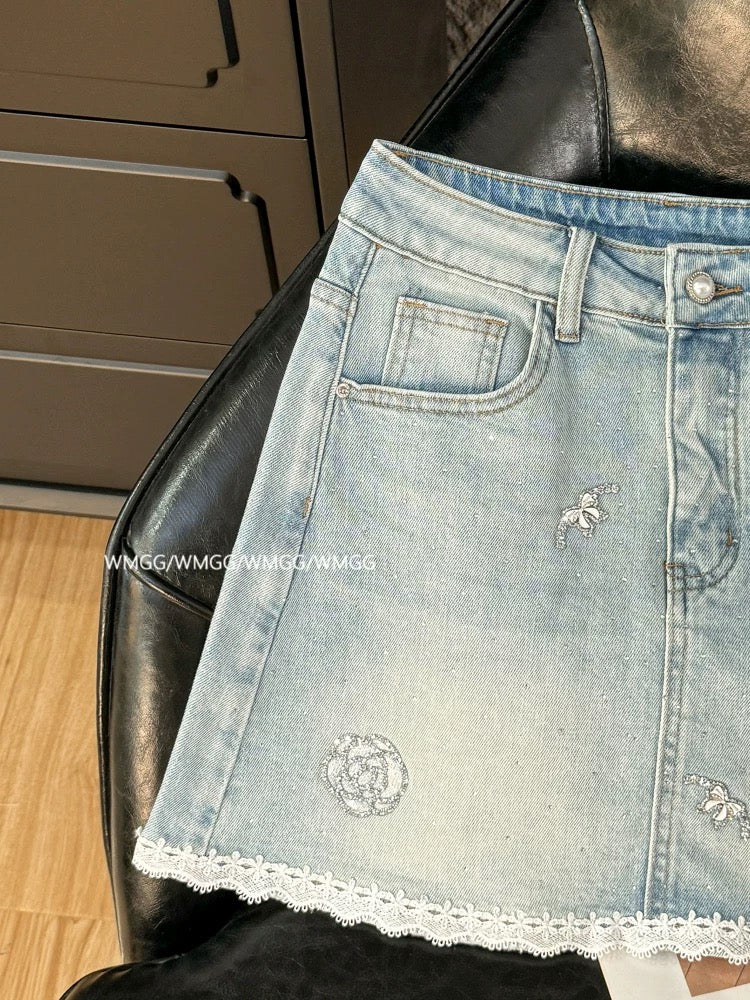 Light blue denim skirt female 2025 new summer ootd wear luxury diamond lace edge a-line skirt