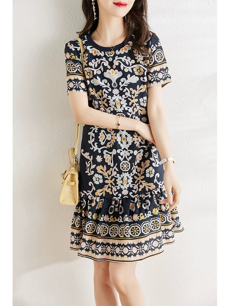 Design sense positioning printed chiffon dress women summer 2024 new slightly fat mm loose belly-covering slim a-line skirt