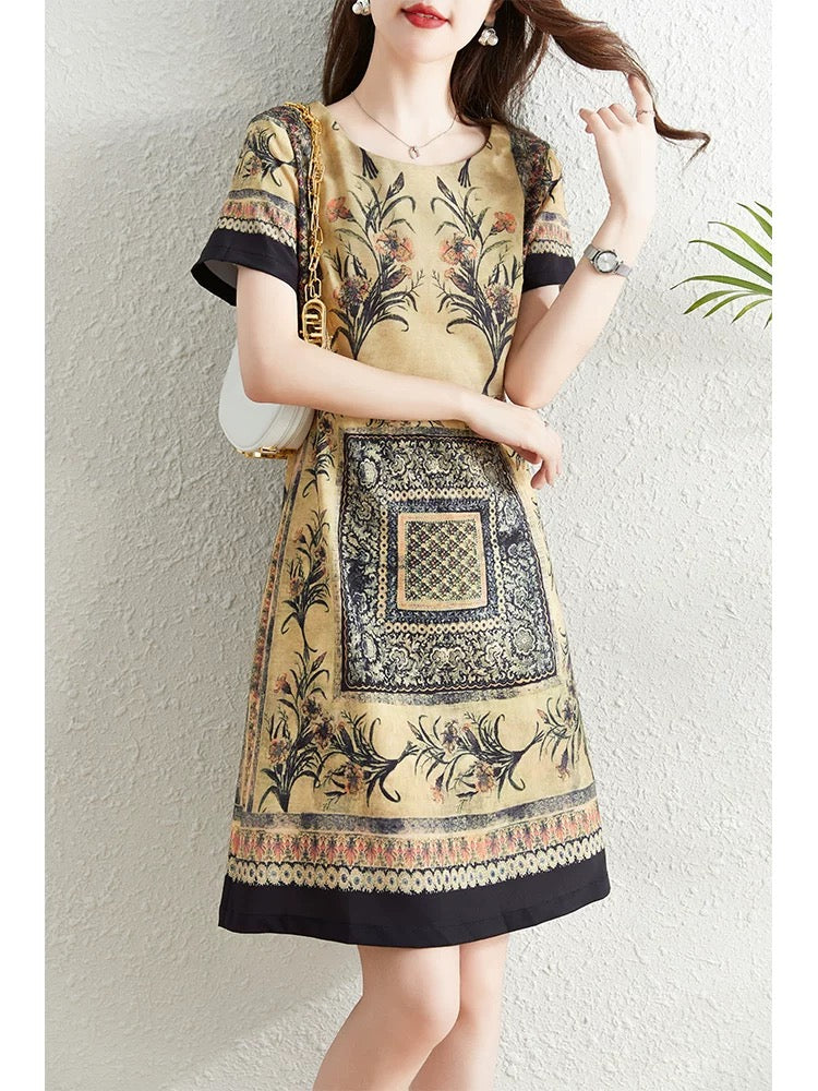 French retro high-end printed dress for women summer 2024 new style waist slimming niche a-line skirt