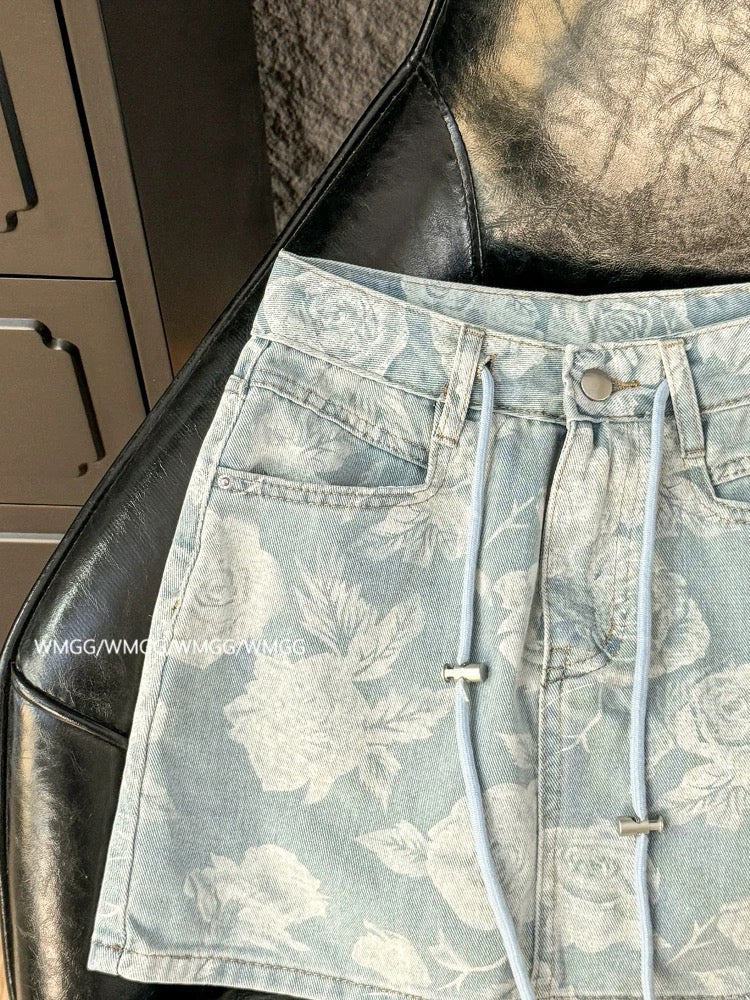 Denim skirt women 2025 new a-line petite summer ootd outfit sexy drawstring printed hip skirt