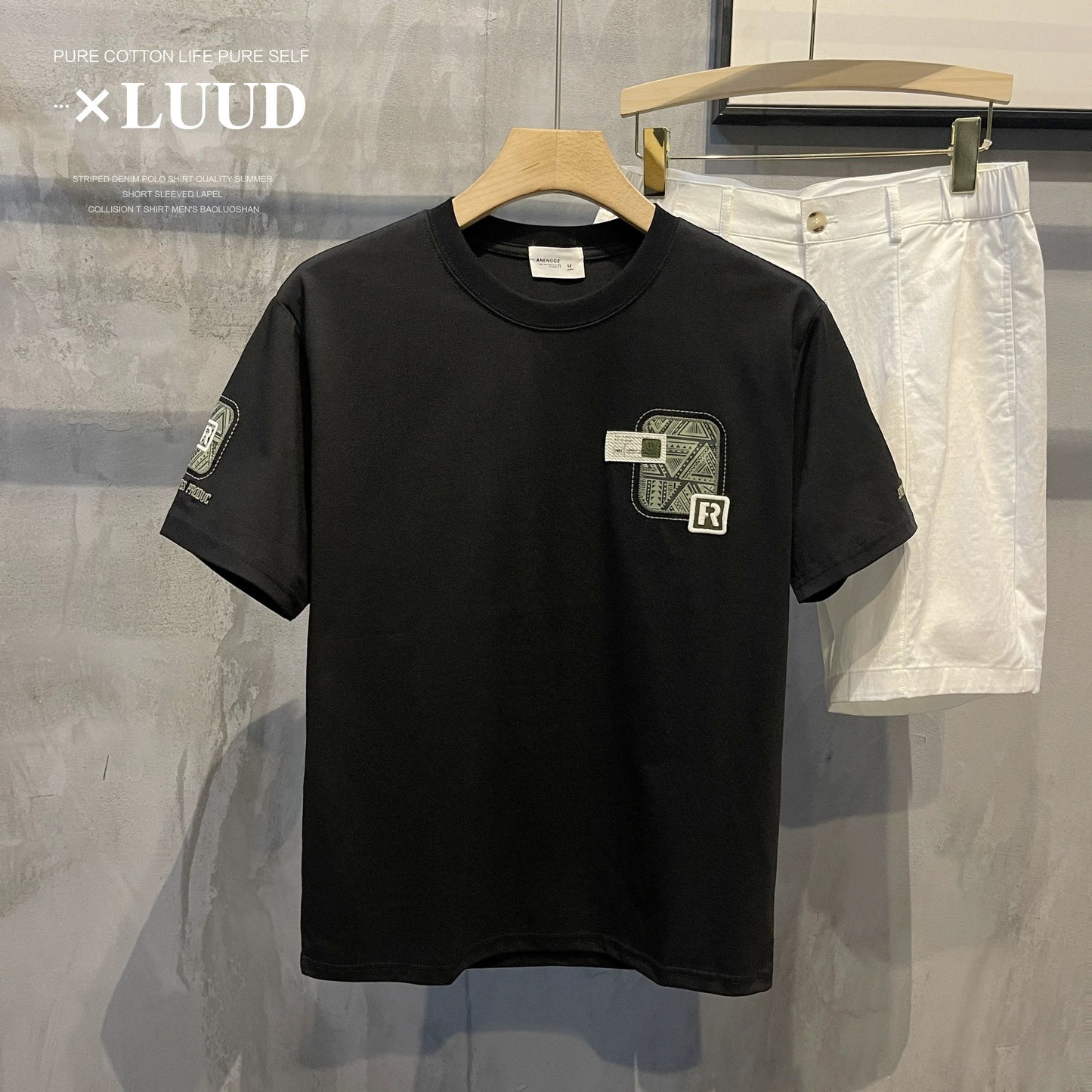LUUD 2025 new hot-selling men's letter R embroidered short-sleeved top trendy all-match round neck slim fit shirt