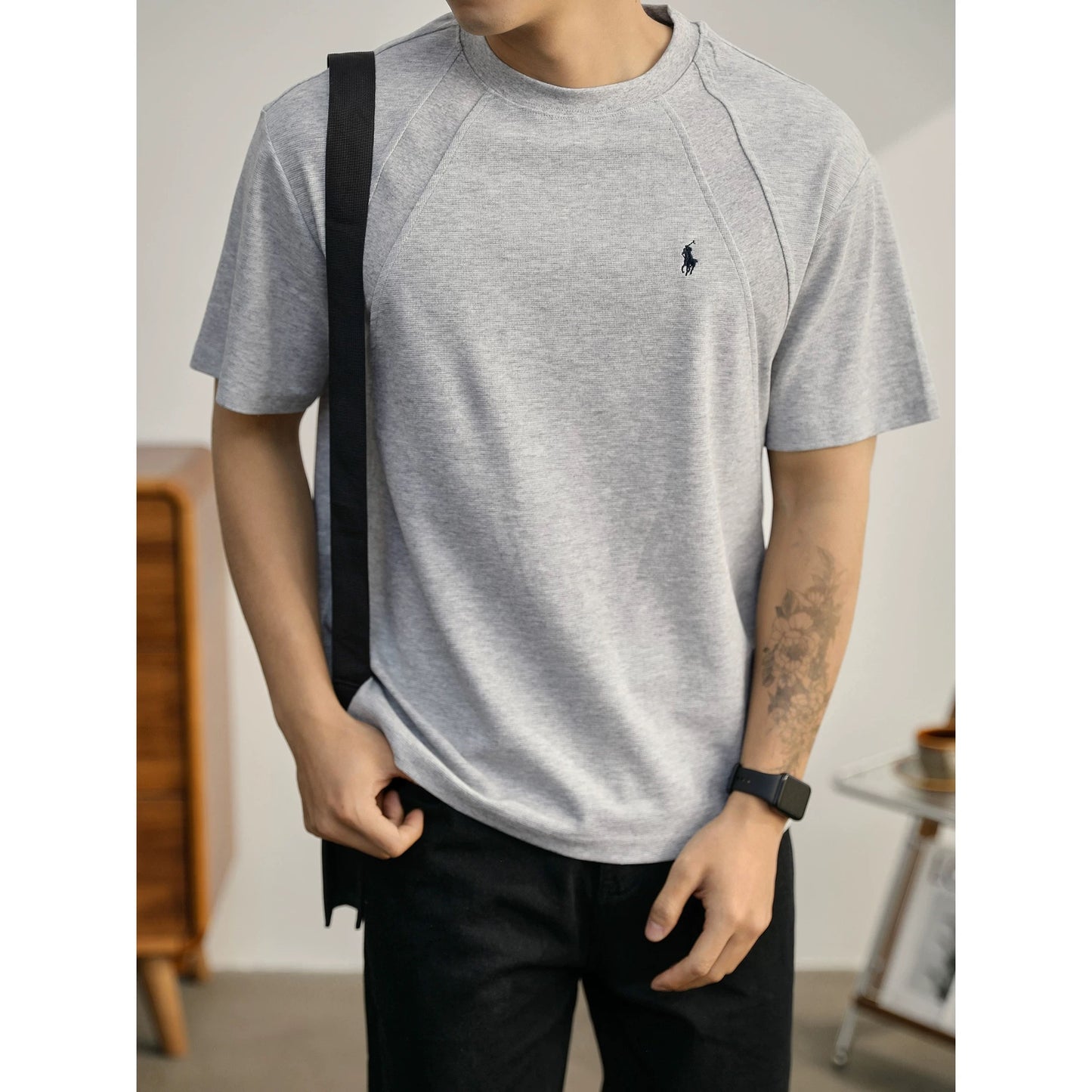 LUUD Drop Shoulder Profile T-shirt Men's Trend Paul Knight Embroidery Quality Bajiage Casual Cotton Splicing T-shirt