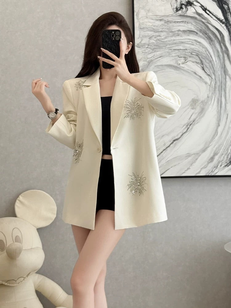 Autumn sophisticated and luxurious sequined embroidered suit jacket for women, high-end loose fit, professional commuting style.