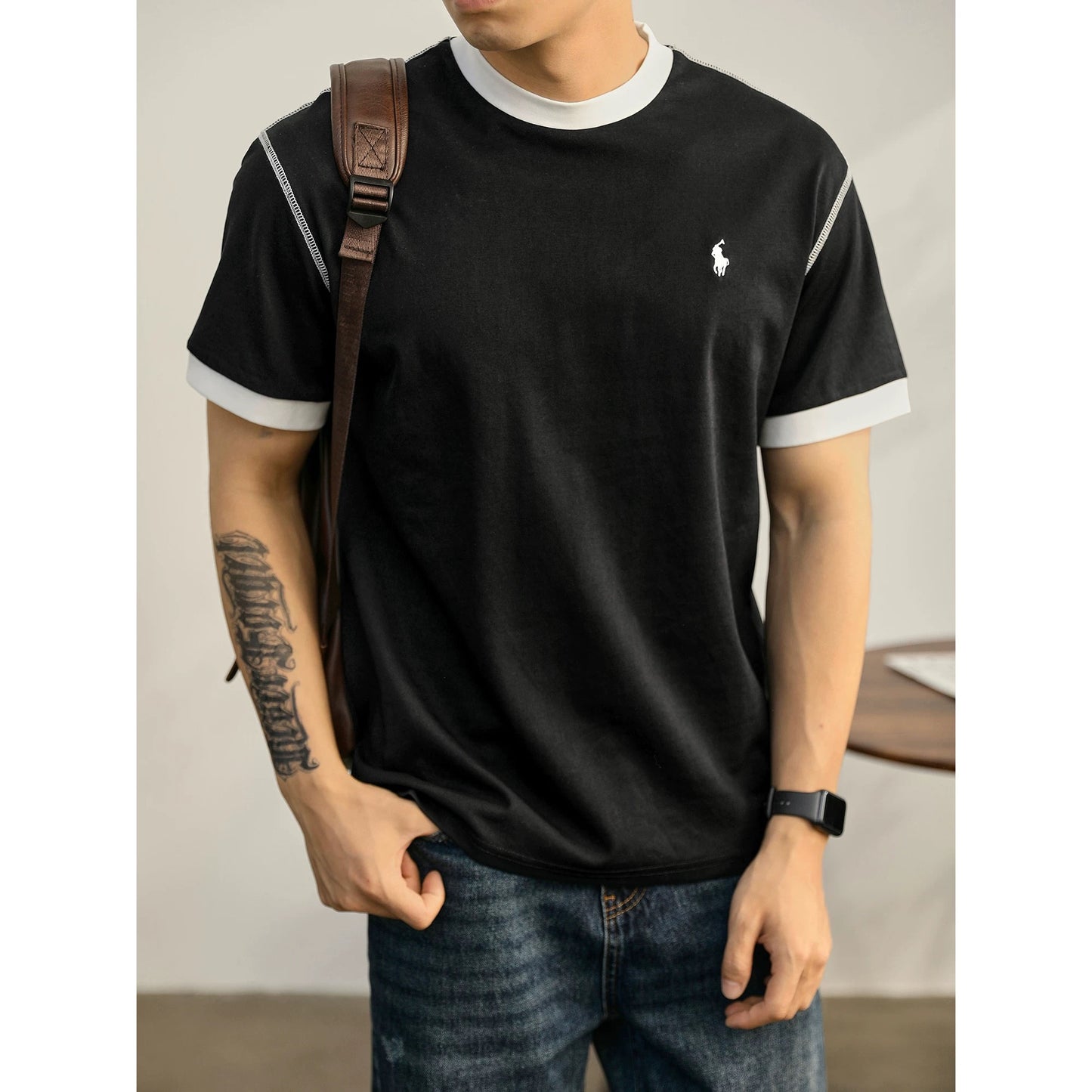 LUUD contrasting color topstitching round neck short-sleeved T-shirt men's summer knight embroidery trendy fashion ice-feeling cotton top