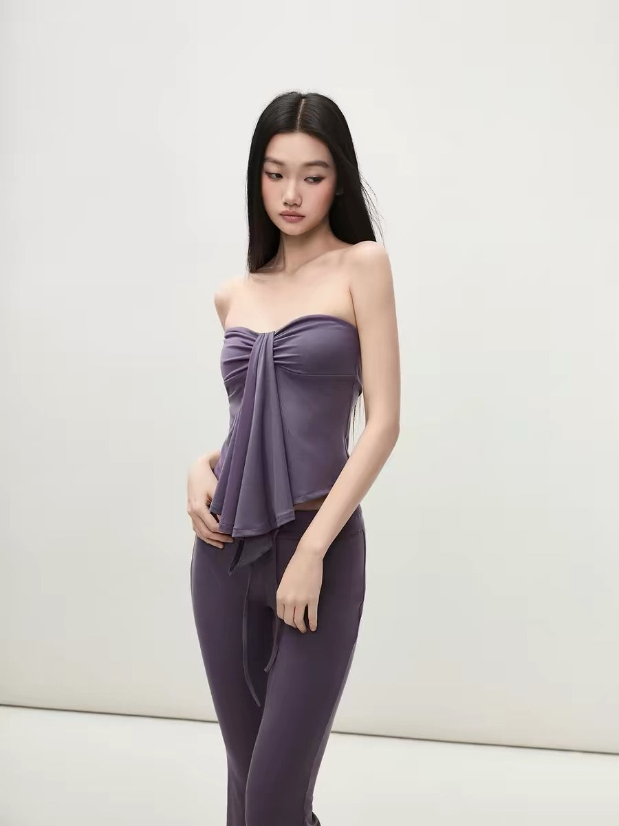 Matin Gris Purple Patchwork Ribbon Ruffled Bandeau Top with Drawstring Flare Tencel Knit Casual Pants
