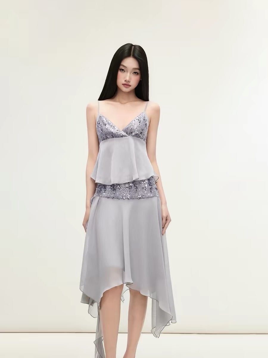 Matin Gris Purple-Grey Sequined Chiffon Camisole Top and Ruffled Diagonal Cut Skirt Set