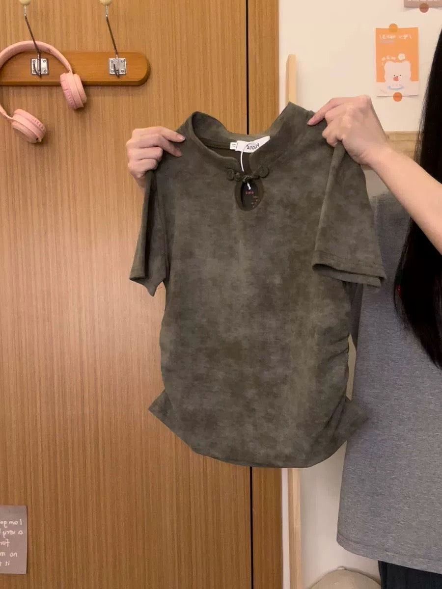 The universe of cream Chinese style button-down tie-dyed right shoulder short-sleeved T-shirt for women new Chinese style short waistless top new style