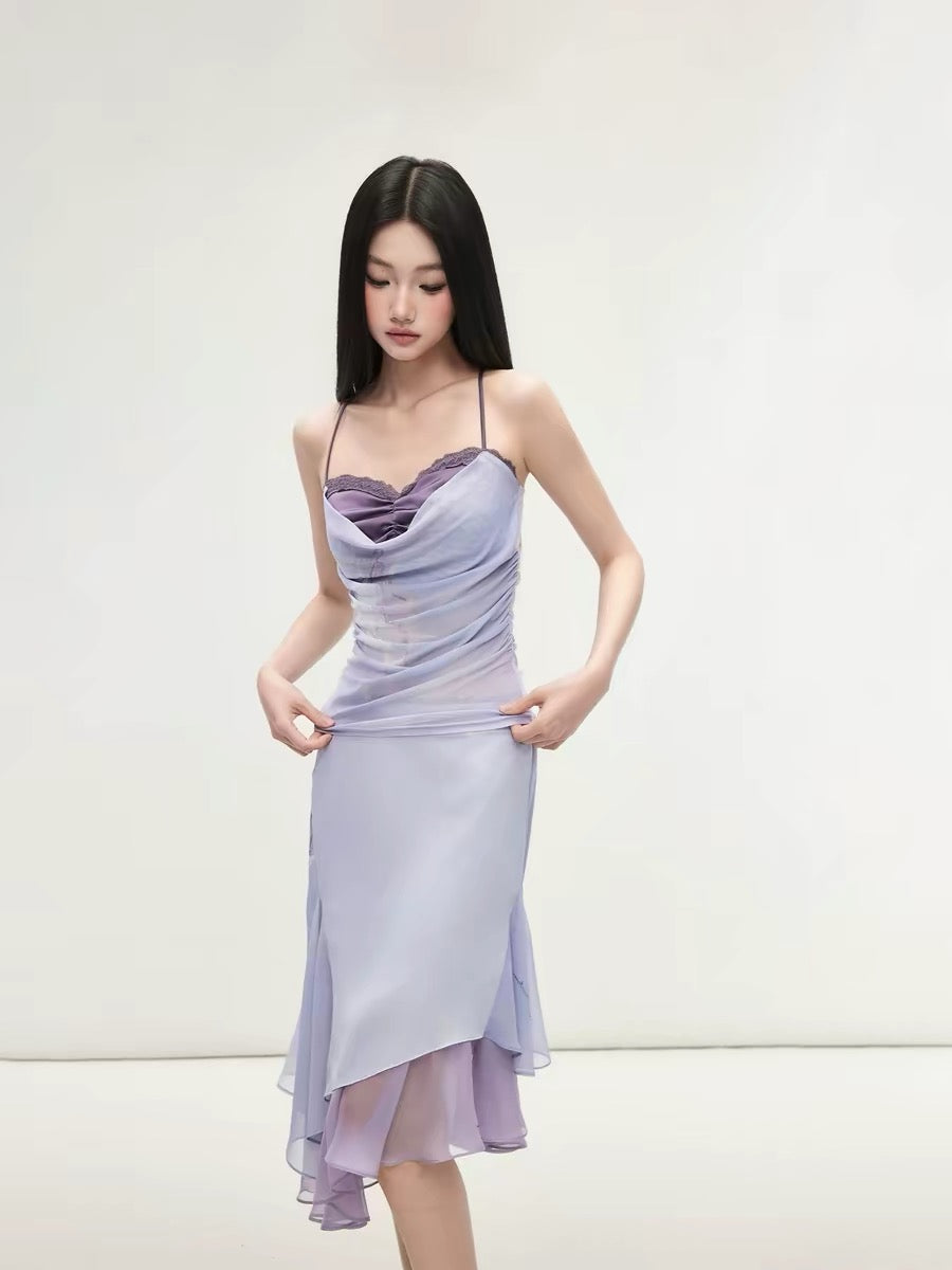 Matin Gris Purple Satin Patchwork Camisole Mesh Irregular Skirt with Lace Trim Top and Pencil Skirt Set