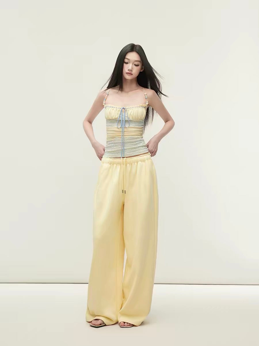 Matin Gris Ruffled Lace Beaded Camisole Top with Drawstring Trim and Ruffled Trim