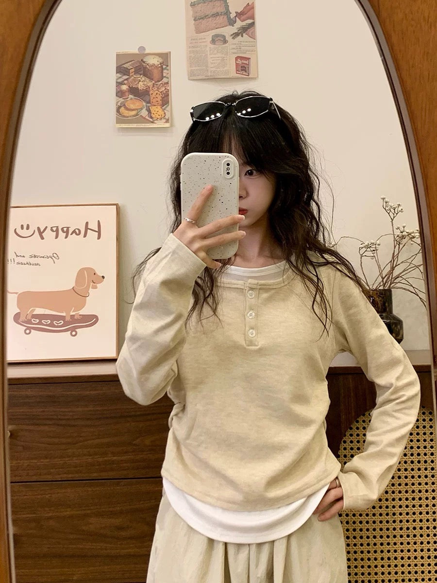 Cream Universe Fake two-piece velvet bottoming long-sleeved T-shirt for women petite slim inner top autumn and winter new style