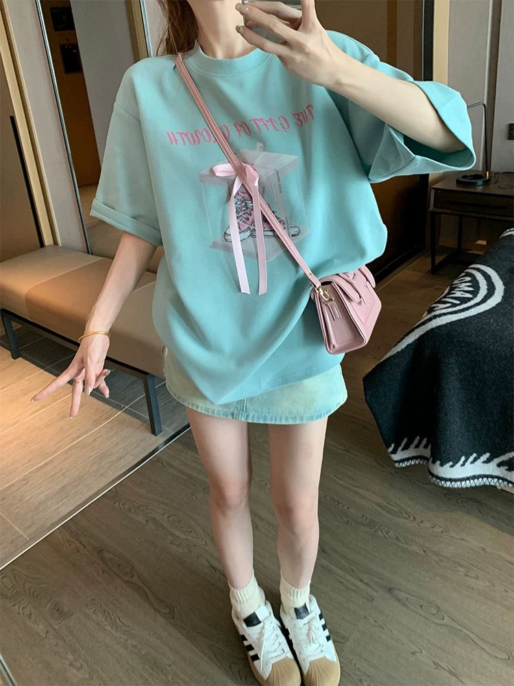 Light blue bow cotton short-sleeved T-shirt for women in summer, loose and slim, small and casual half-sleeved straight shoulder tops