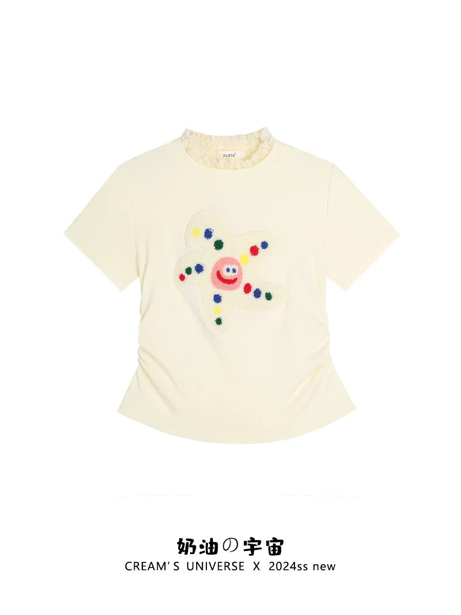 Creamy Universe Cute Flocked Cartoon Right Shoulder Short Sleeve T-Shirt Female Japanese Sweet Girl Short Top Summer New Style