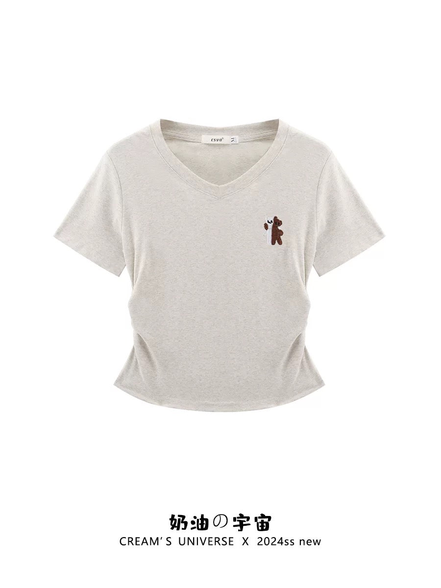 Cream Universe Embroidered Cartoon V-Neck Right Shoulder Short Sleeve T-Shirt Women's Japanese Style Waistless Short Top Summer New Style