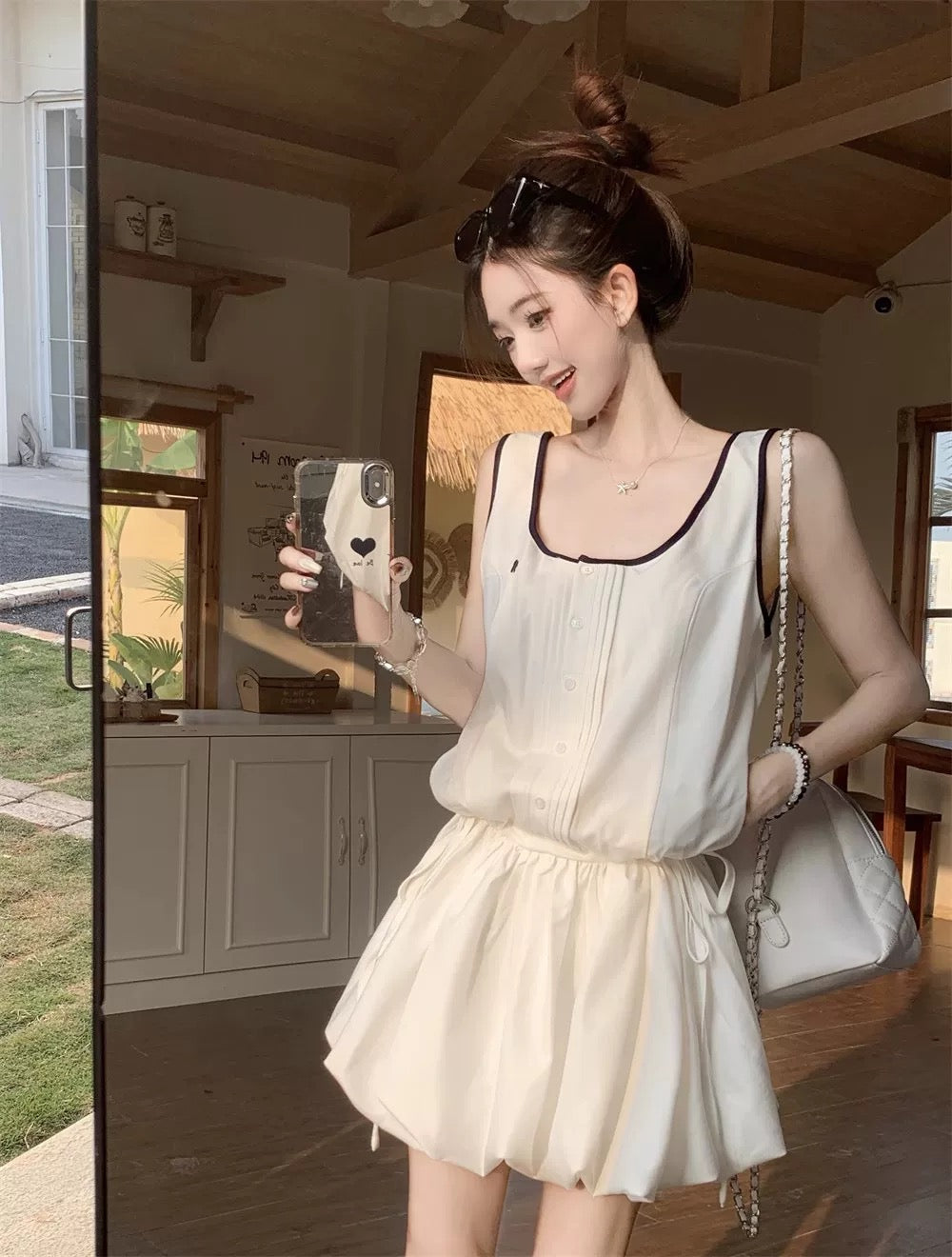 Sweet style unique niche flower bud skirt dress female summer age-reducing white A-line short skirt petite vest skirt