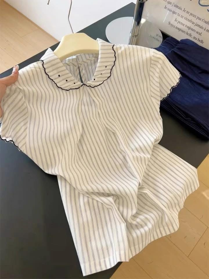 Guangzhou Shisanhang high-end hot-selling ~ Korean striped doll collar short-sleeved shirt for women in summer, stylish and slim