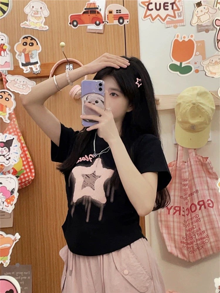 Creamy universe flocked five-pointed star front shoulder short-sleeved T-shirt women's sweet girl style slim top 2025 new style