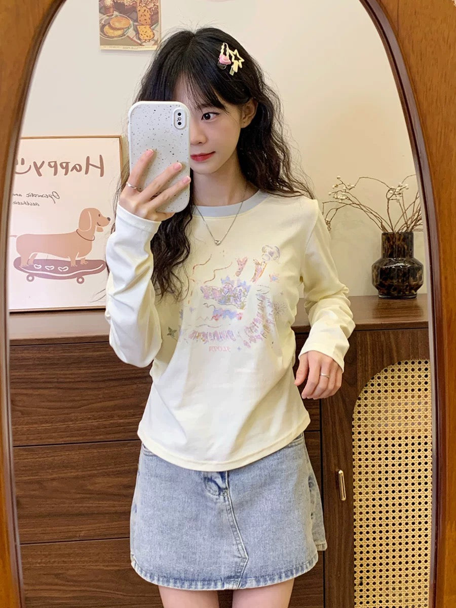 Creamy Universe Graffiti Cartoon Color Blocking Bottoming Shirt Long Sleeve T-Shirt Women's Age-Reducing Small Body Top New Style
