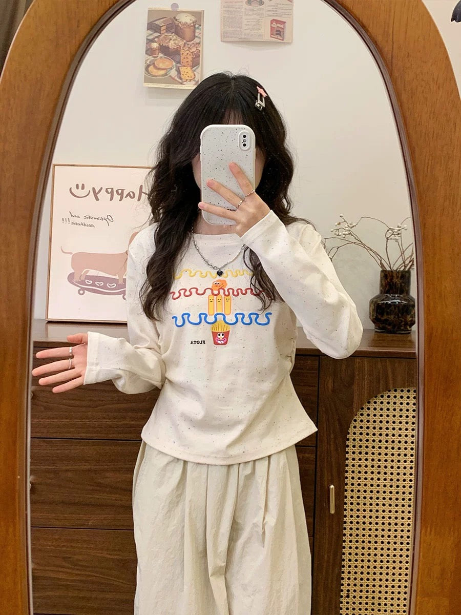 Creamy Universe Foamed French Fries Bottoming Long Sleeve T-Shirt Women's Japanese Sweet Girl Slim Fit Top Spring and Autumn New Style