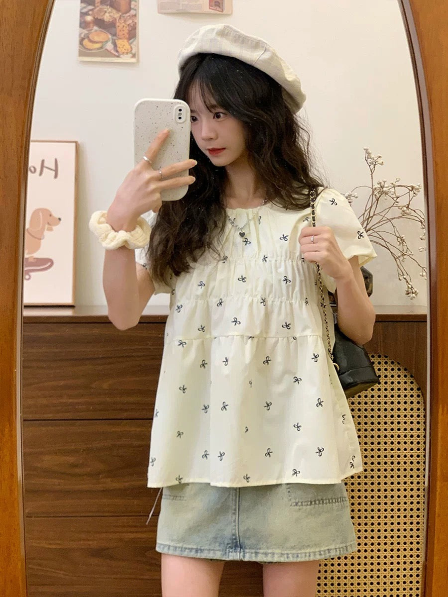 Cream Universe Butterfly Apricot Doll Shirt Short Sleeve T-Shirt Women's Korean Style Short Feifei Sleeve Top New Style