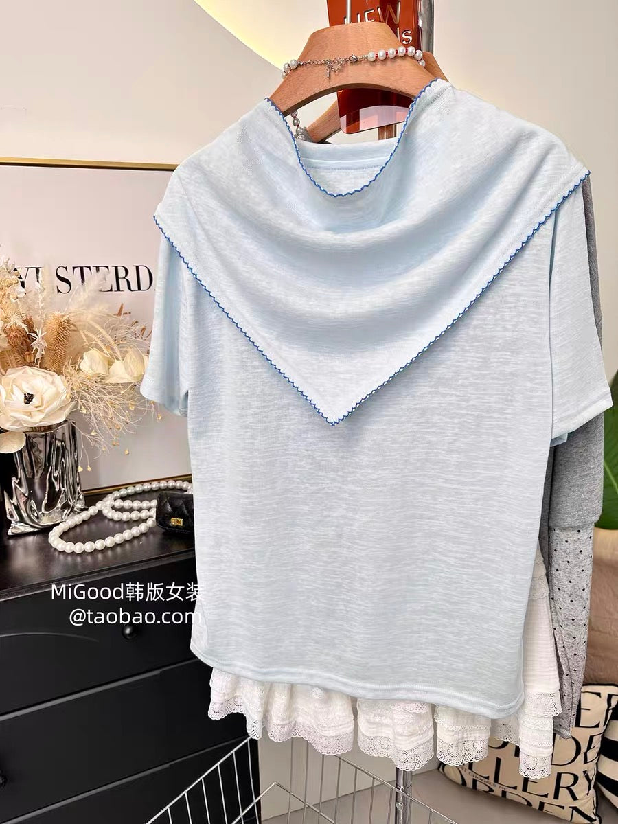 Super stylish pony T-shirt with shawl~ Summer Korean fashion loose slimming snowflake cotton T-shirt for women, short sleeve thin style