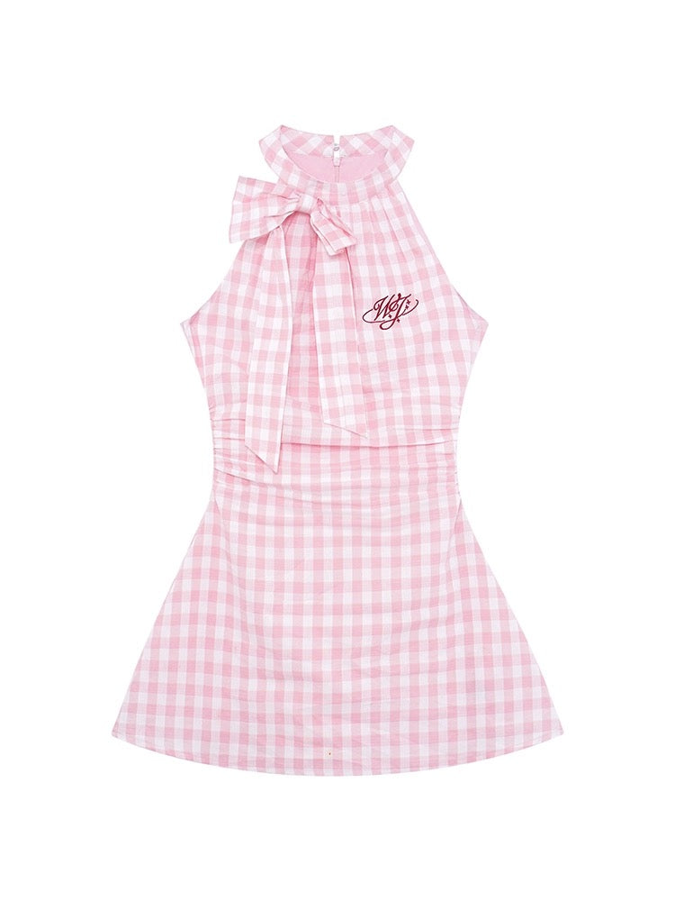 Drawing explanation WAHJU Tender Sweetheart Halter Neck Bow Sleeveless Plaid Dress Women's Summer Slim Plaid Skirt