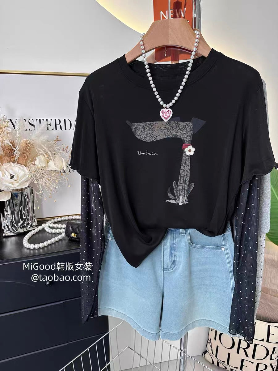 Recommended: Unique and cute floral puppy print T-shirt - Korean style polka dot sleeves, faux two-piece design, stretchy shoulders, small size, sun protection T-shirt.