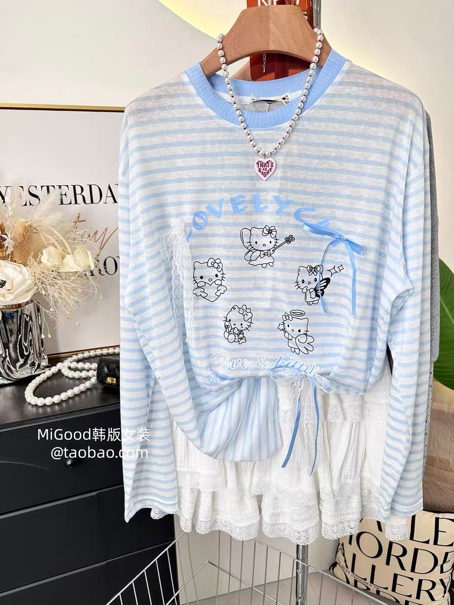 Cool and refreshing sun protection shirt for summer~ Korean style fashionable and versatile striped lyocell long-sleeved t-shirt for women, thin style