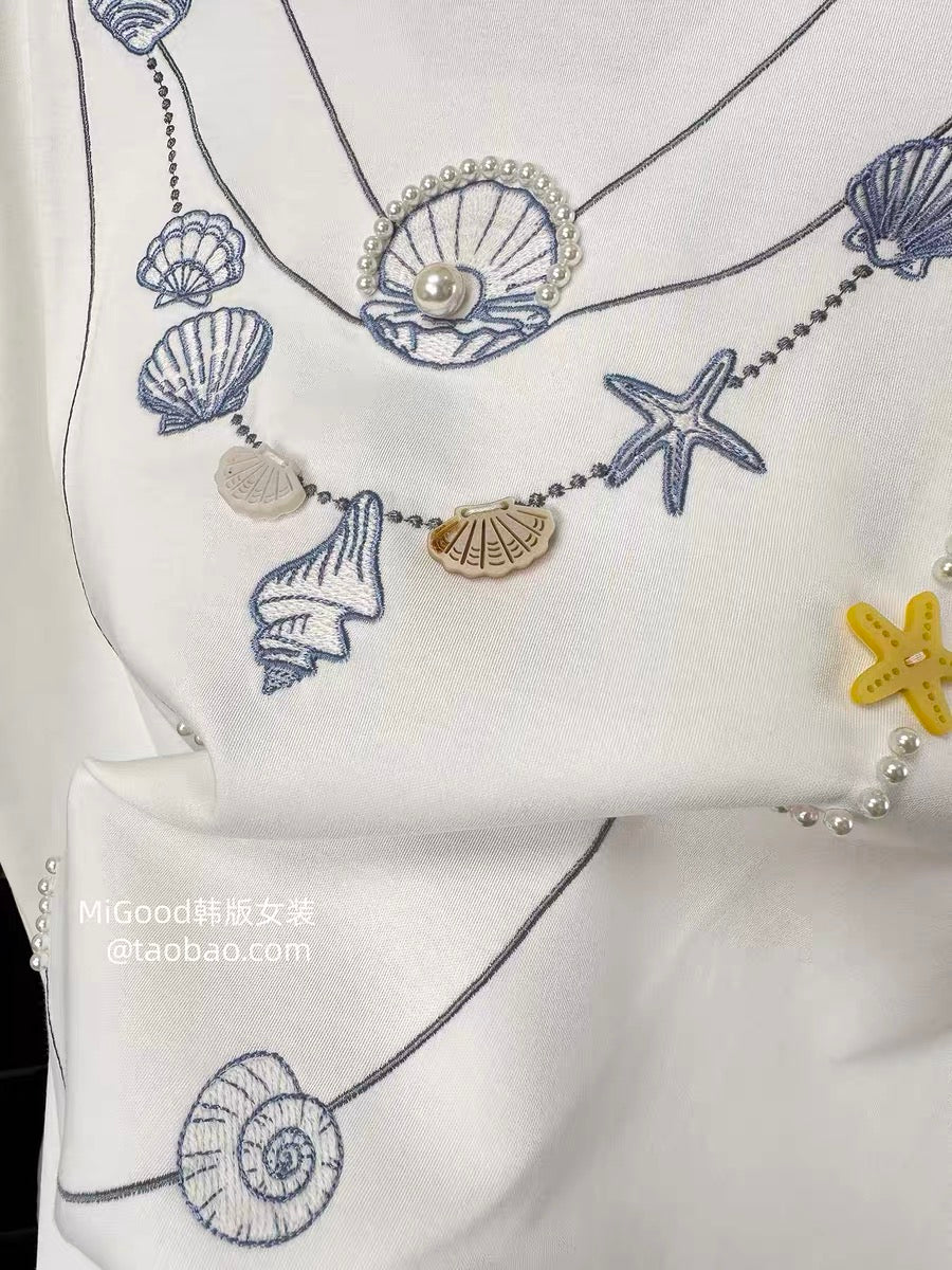 Shell and pearl necklace design ~ Summer 2026 new Korean style heavy embroidery loose color-block round neck t-shirt for women